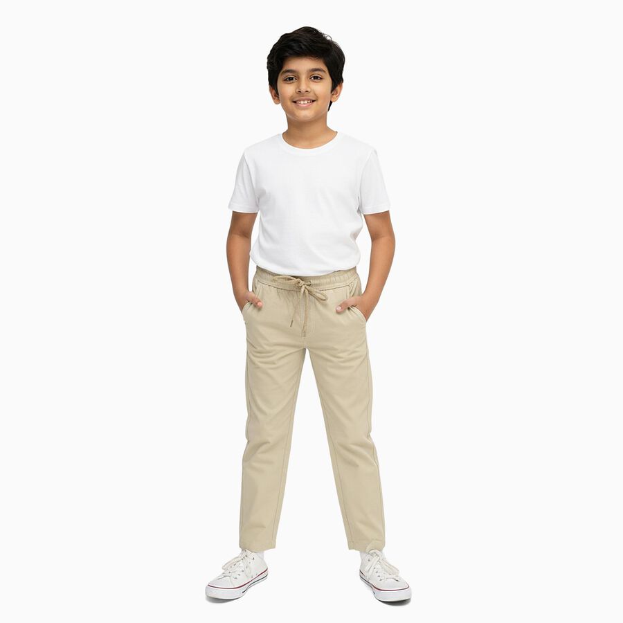 Boys Light Beige Regular Fit Elastic Waist Cotton Trousers, गहरा पीला, large image number null