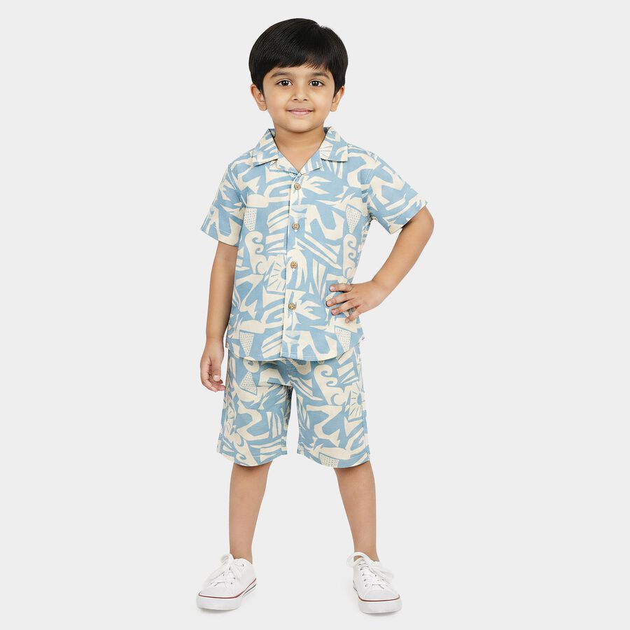 Boys Light Blue 100% Cotton Cuban Collar Printed Baba Suit, हल्का नीला, large