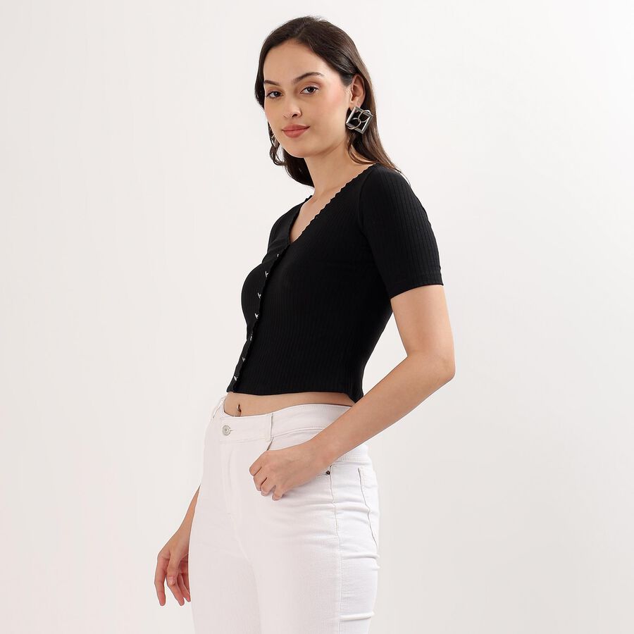 Women's Jet Black V-Neck Casual Crop Top, Black, large image number null