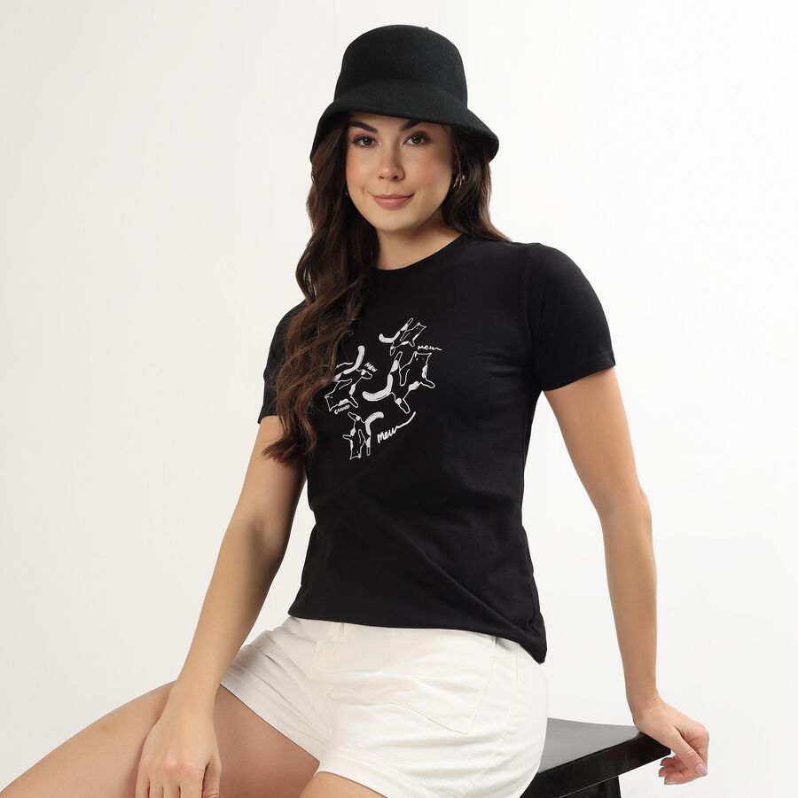 Women's Black Round Neck Graphic Casual T-Shirt, Black, large