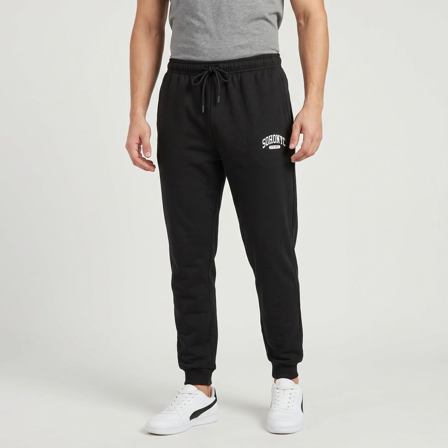 Men's Black Jogger Fit Logo Print Pyjama, काला, large