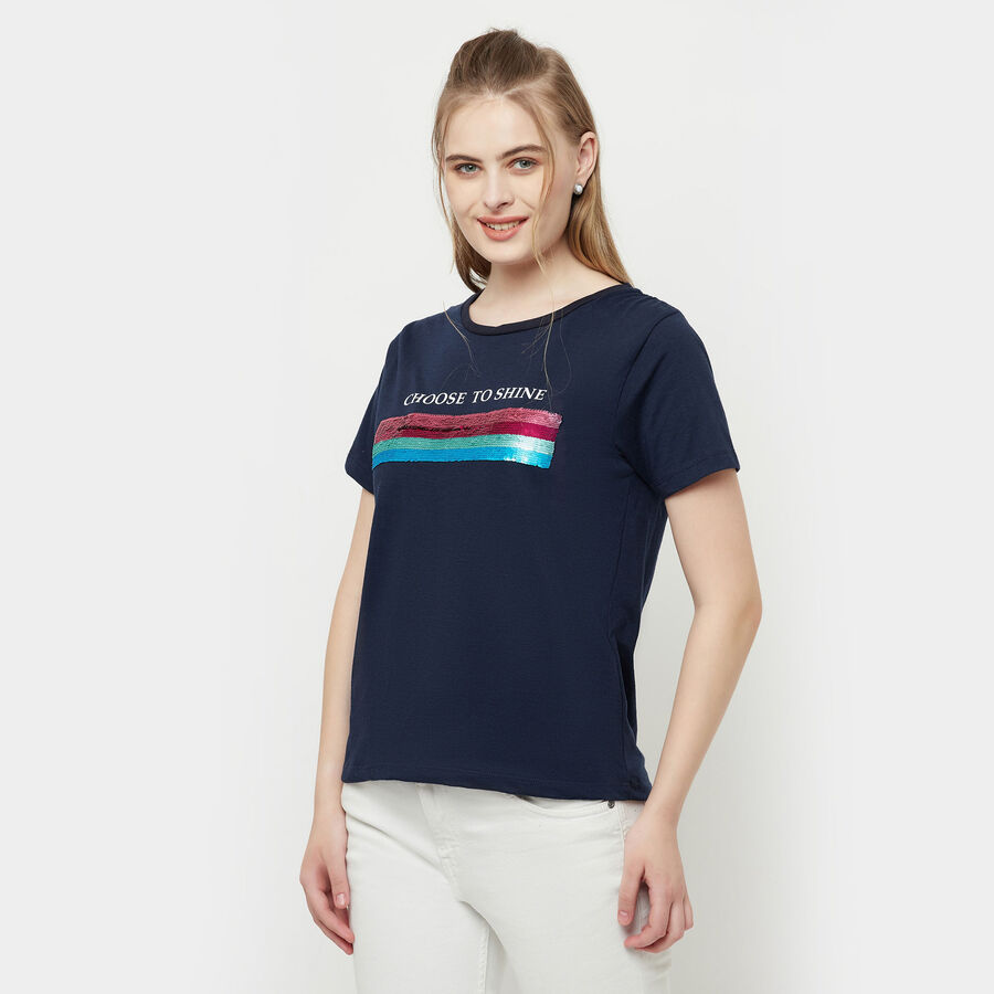 Embellished Round Neck T-Shirt, Navy Blue, large image number null
