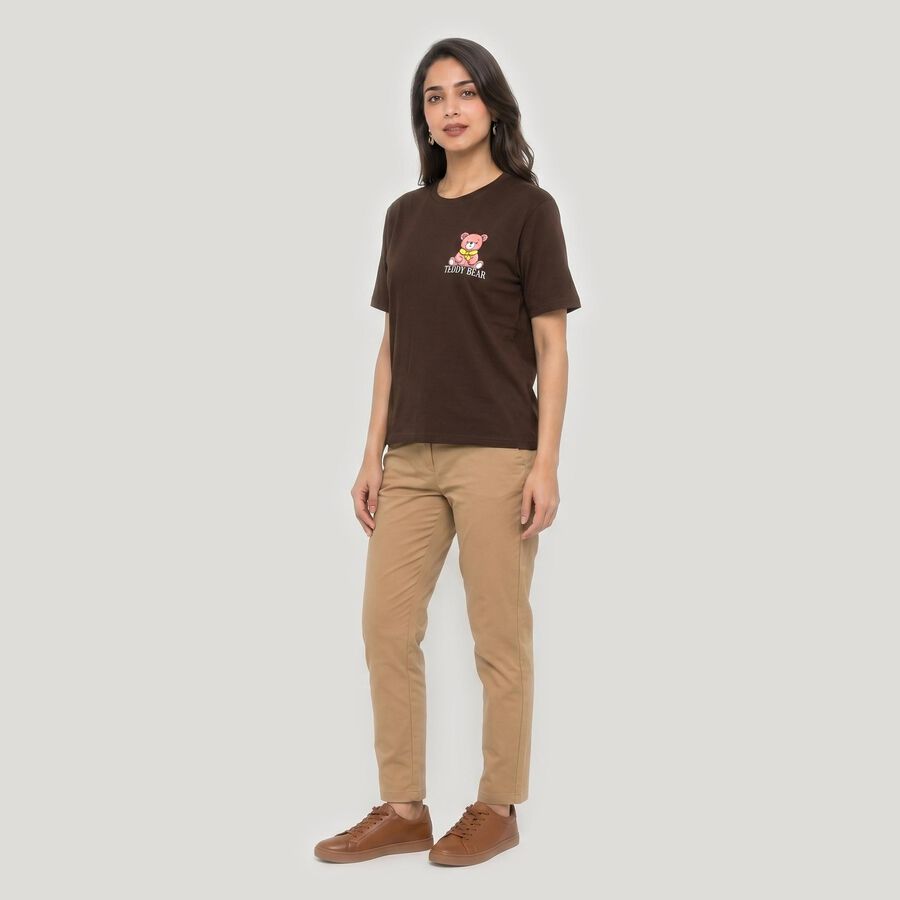 Women's Brown Cotton Round Neck Regular T-Shirt, Brown, large