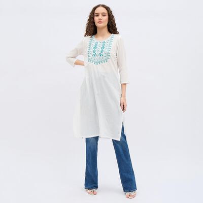 Women's Deep Teal Blue Cotton Round Neck Embroidered Kurta
