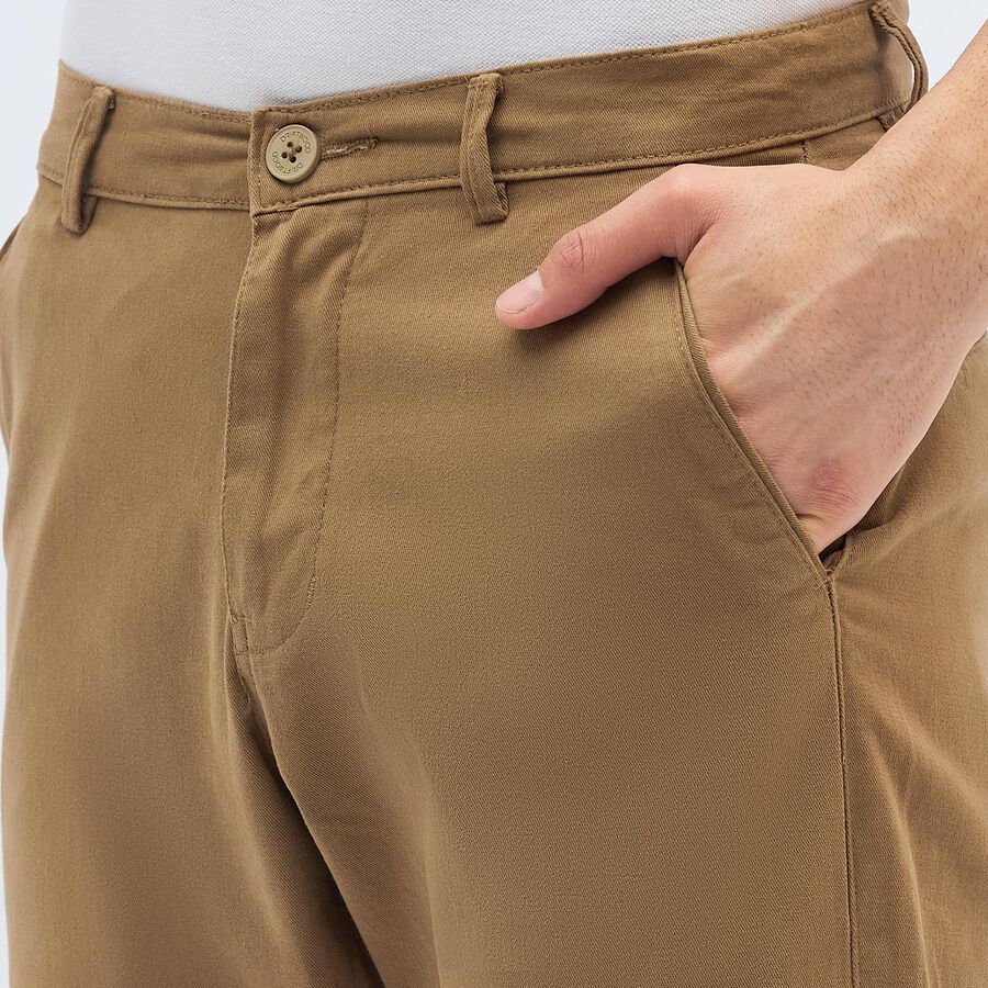 Men's Camel Brown Slim Fit Flat-Front Casual Trousers, Khaki, large