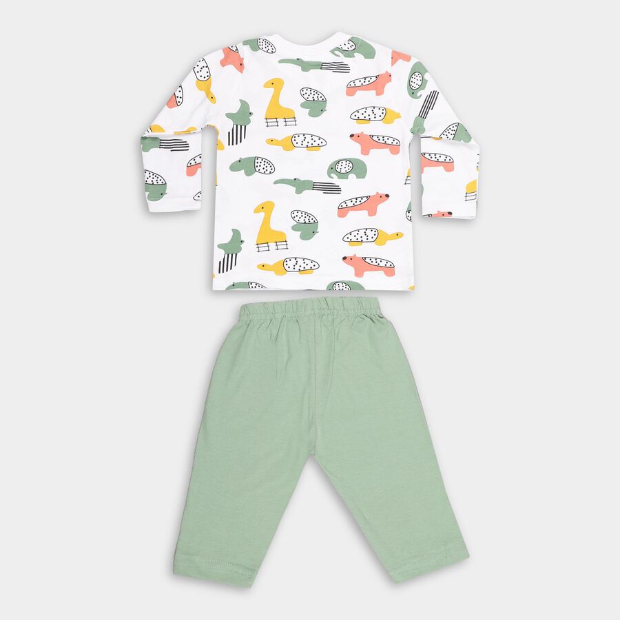 Infants' Olive Cotton Round Neck Animal Printed Baba Suit, Olive, large image number null