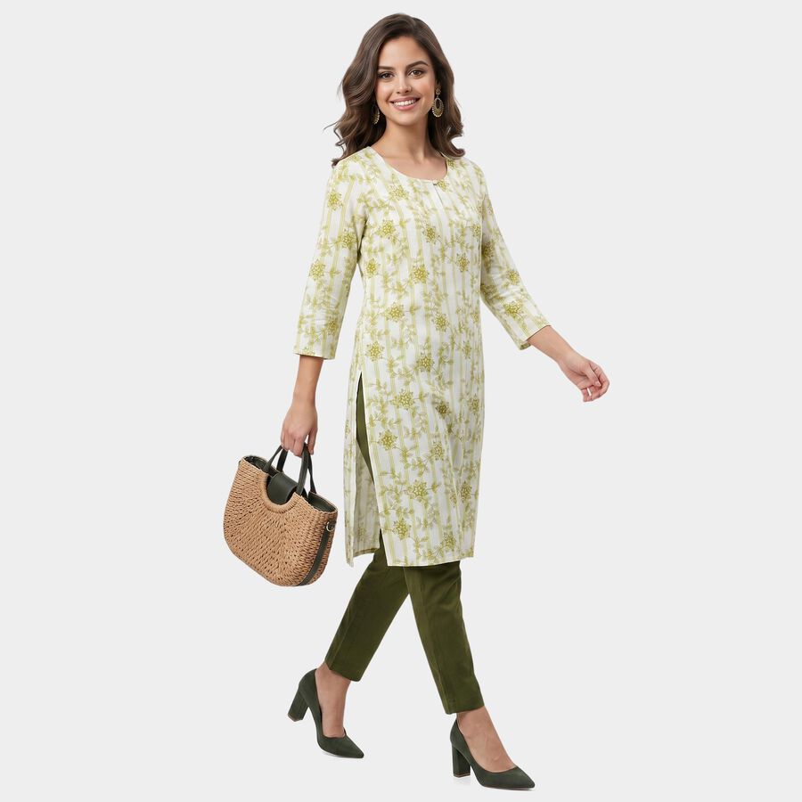 Women's Light Green Round Neck Floral Printed Kurta, Light Green, large