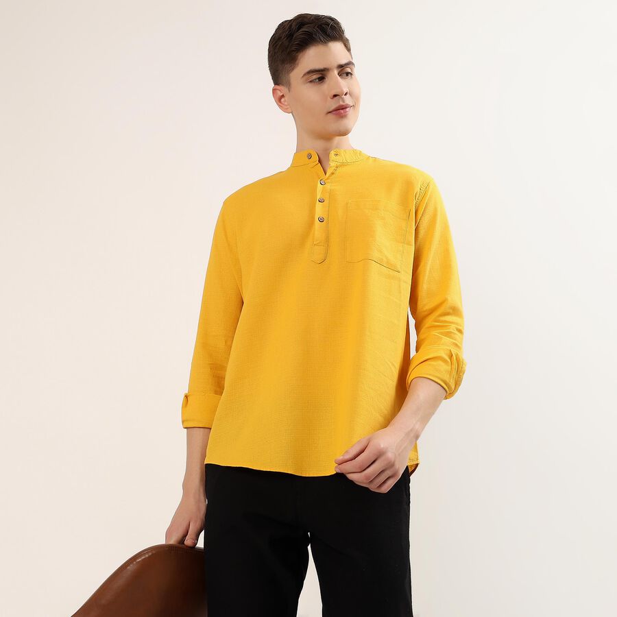 Men's Yellow 100% Cotton Mandarin Collar Textured Kurta, मस्टर्ड, large