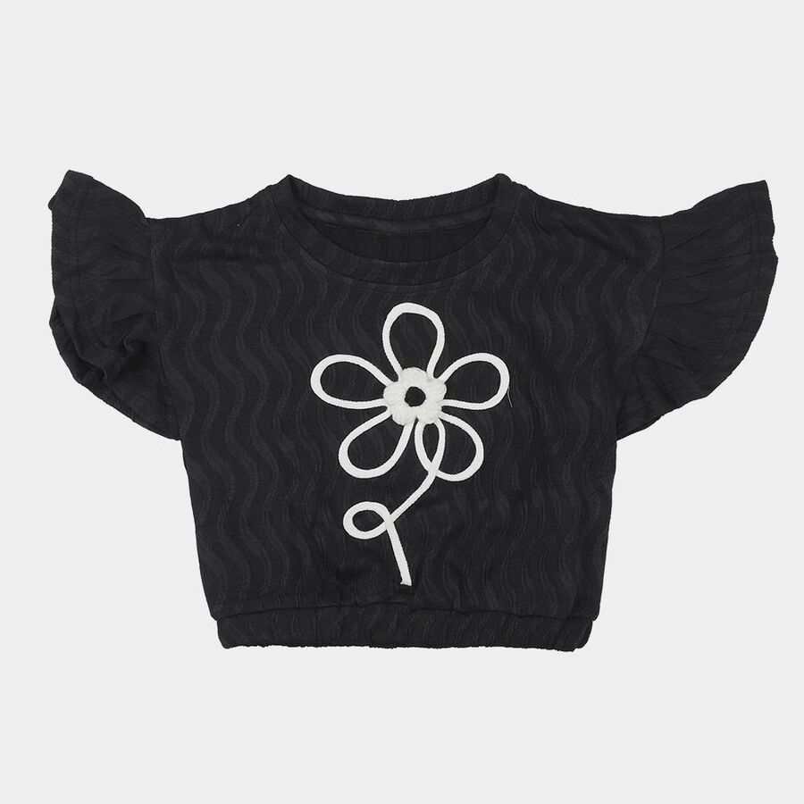 Girls Black Round Neck Casual T-Shirt, Black, large