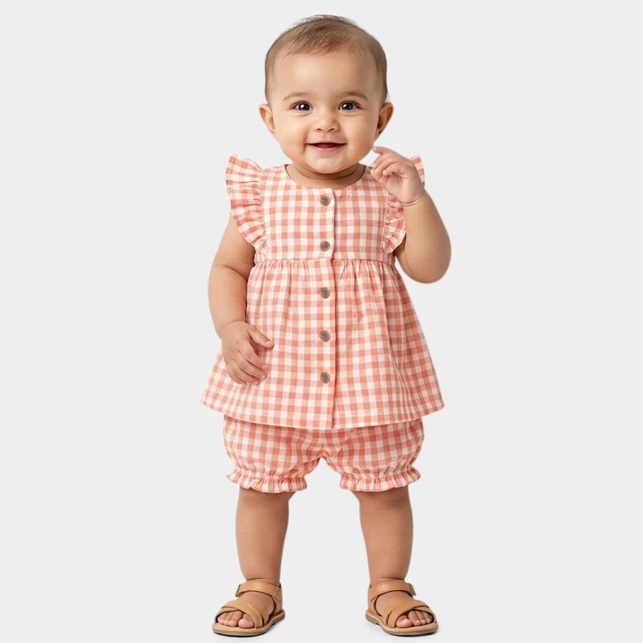 Infant Peach Cotton Ruffle Sleeve Top and Bloomers Set, Peach, large