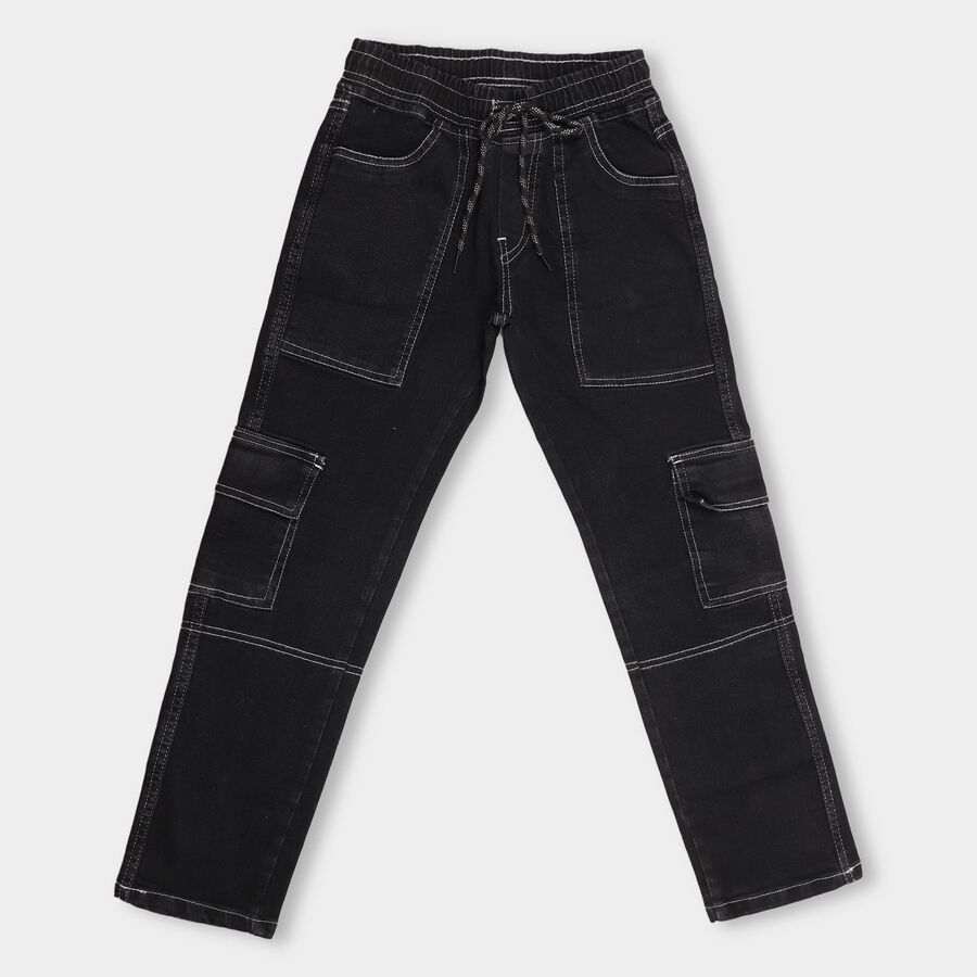 Boys' Jet Black Slim Fit Jogger Jeans, काला, large image number null