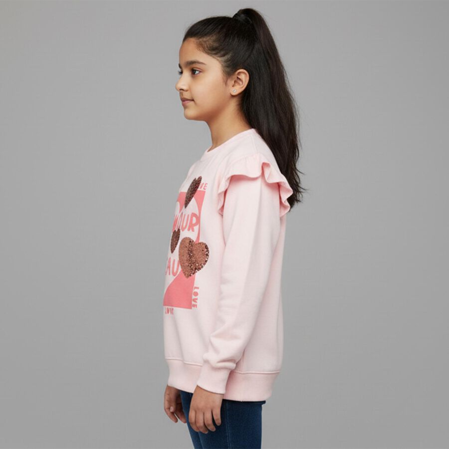 Girls Light Pink Crew Neck Ruffle Sleeve Graphic Sweatshirt, हल्का गुलाबी, large image number null