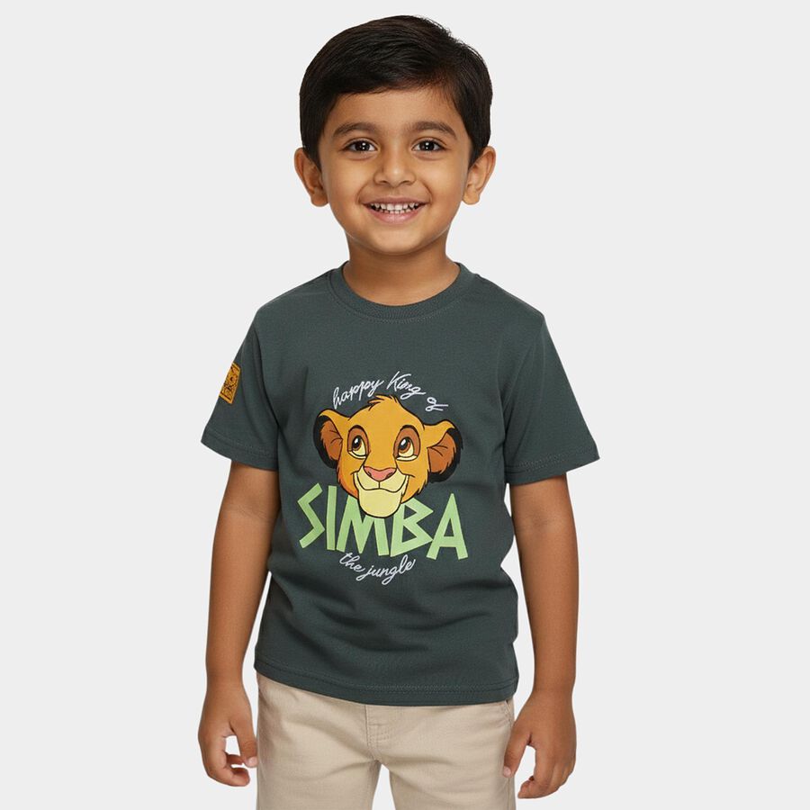 Boys' Olive Cotton Round Neck Simba Printed T-Shirt, ओलिव, large