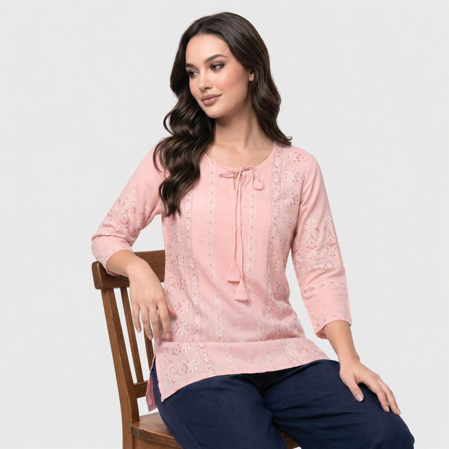 Women's Pink Round Neck Embroidered Kurti, Light Pink, large
