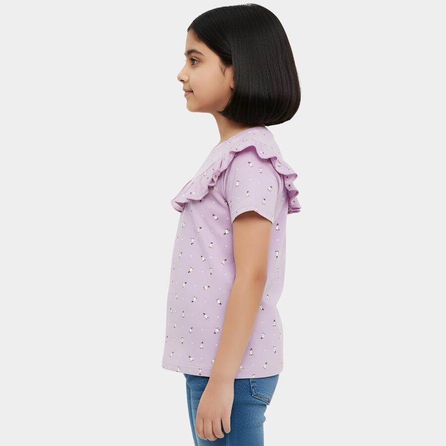 Girls' Purple Cotton Round Neck Graphic Print T-Shirt, Lilac, large
