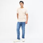 Men's Beige and White Crew Neck Striped T-Shirt, White, small