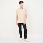 Men's Light Beige Half Sleeve Classic Collar Casual Shirt, Beige, small