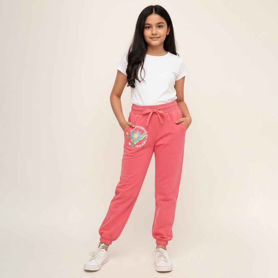 Girls' Coral Pink Sequin Printed Drawstring Pyjama, Coral, large image number null