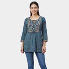 Women's Navy Blue Notch Neck Printed Straight Kurti, गहरा नीला, small