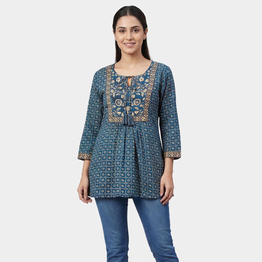 Women's Navy Blue Notch Neck Printed Straight Kurti, गहरा नीला, large