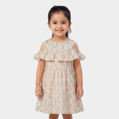 Girls' Light Pink Fit and Flare Floral Printed Cold Shoulder Frock