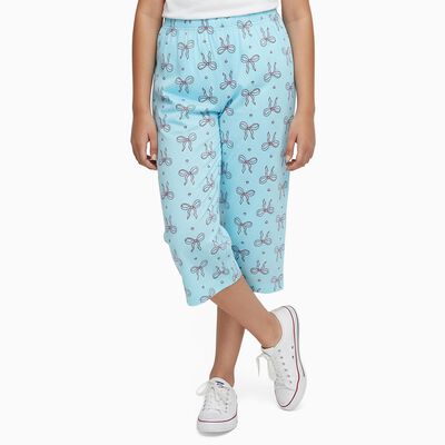 Girls' Light Sky Blue Printed Cotton Blend Capri