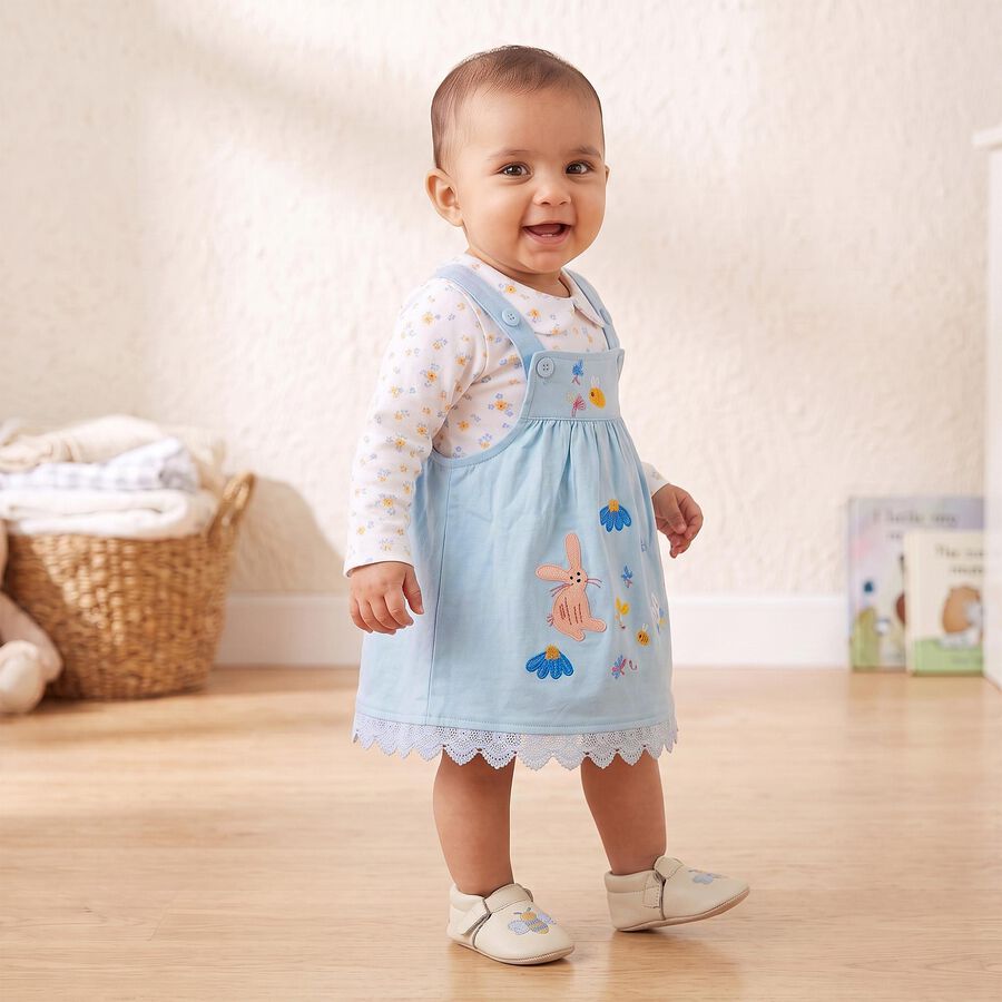 Infants' Light Blue Fit and Flare Embroidered Pinafore Frock, हल्का नीला, large