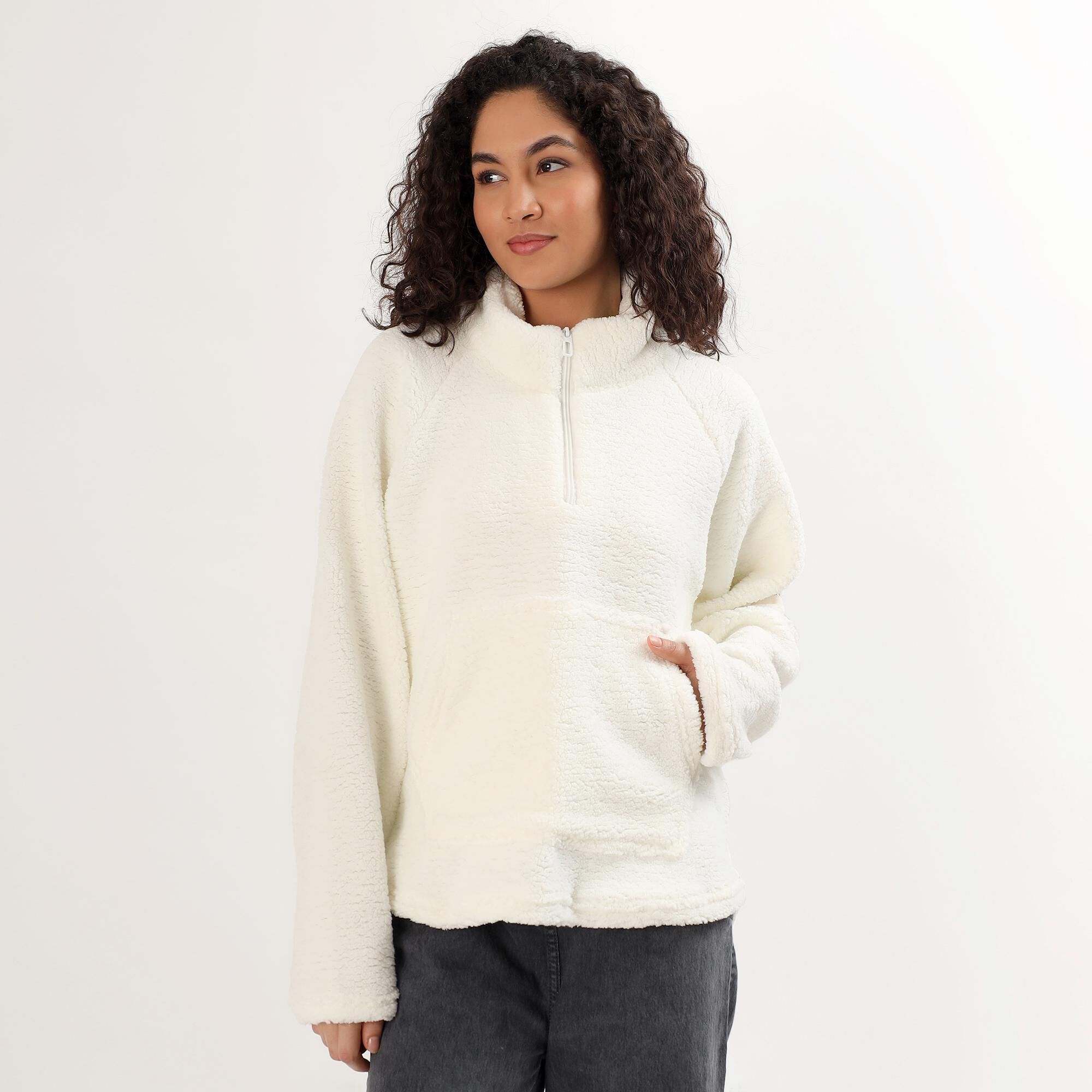 Viveza Women's Off-White Half-Zip Relaxed Fit Sweatshirt | Vishal