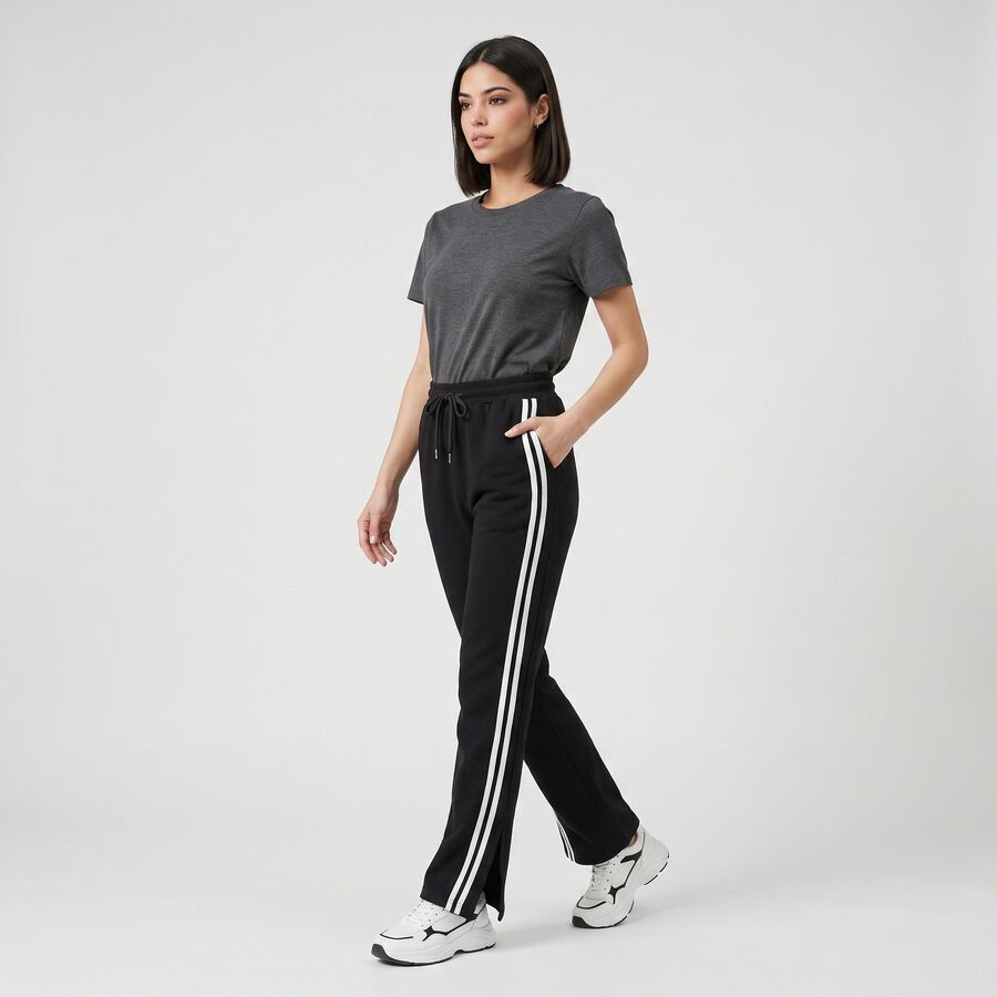 Women's Black Side-Striped Track Pants, काला, large
