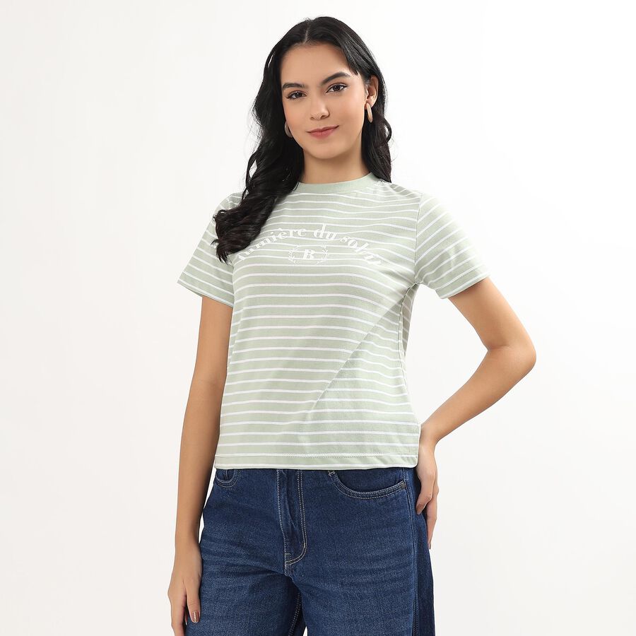 Women's Light Sage Green Round Neck Striped T-Shirt, Light Green, large image number null