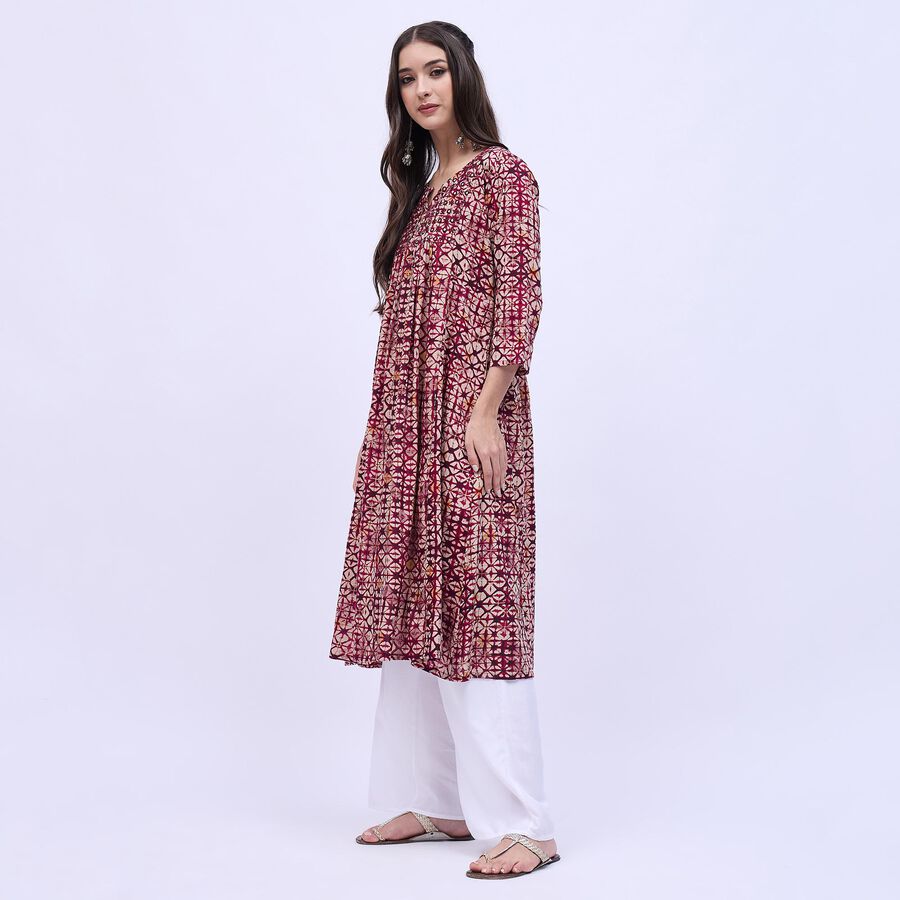 Women's Burgundy Round Neck Printed Kurta, वाइन, large