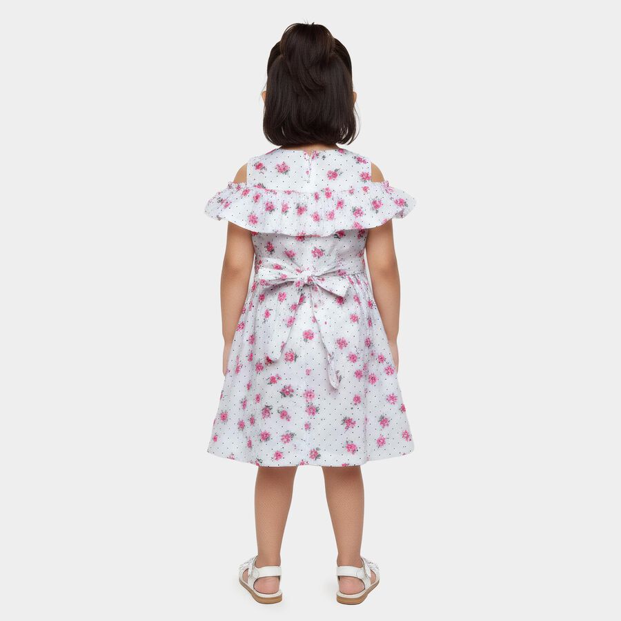 Girls' White Floral Printed Ruffle Neck Cotton Frock, ऑफ व्हाइट, large