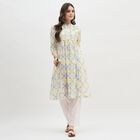 Women's White Mandarin Collar Floral Printed Kurti, Yellow, small