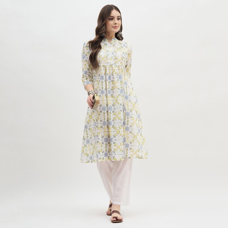 Women's White Mandarin Collar Floral Printed Kurti, Yellow, large