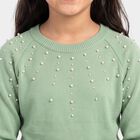 Girls' Sage Green Crew Neck Embellished Pullover, हल्का हरा, small