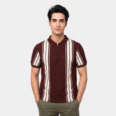 Men's Wine Polo Neck Striped Polo T-Shirt