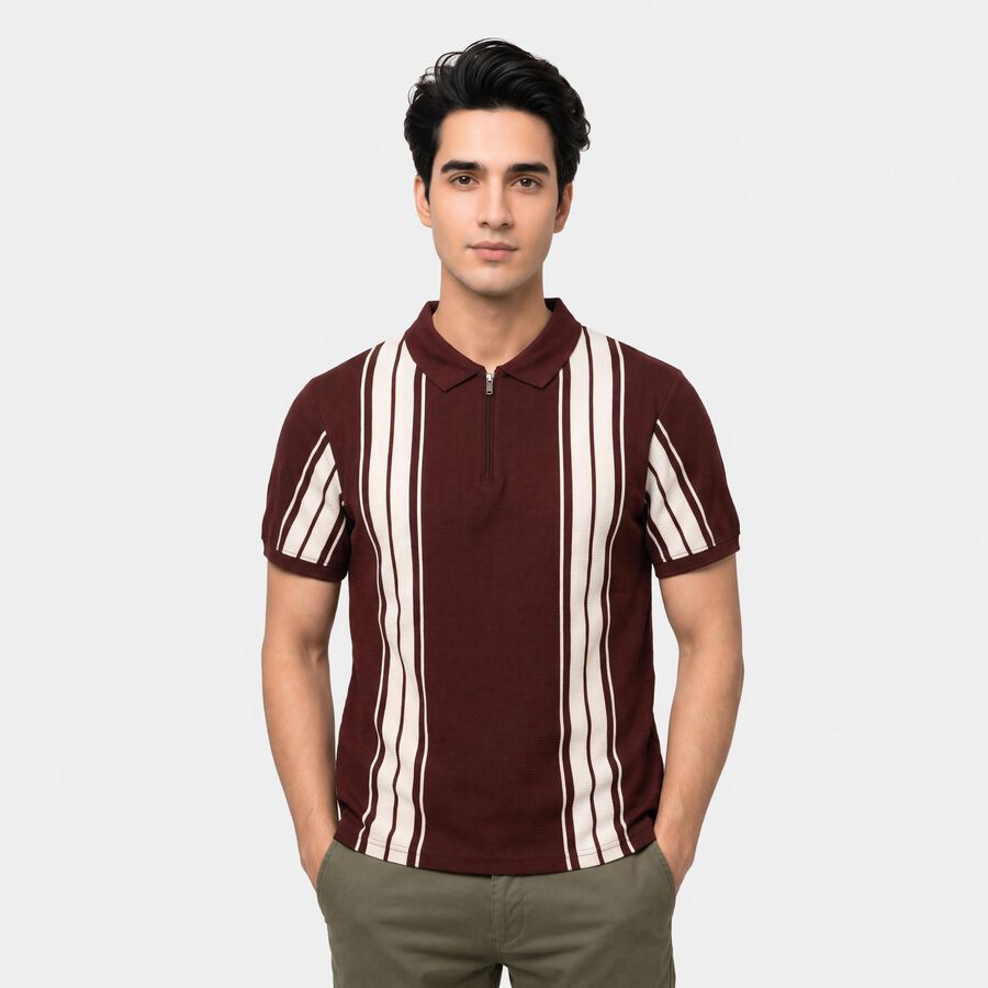 Men's Wine Polo Neck Striped Polo T-Shirt, वाइन, large