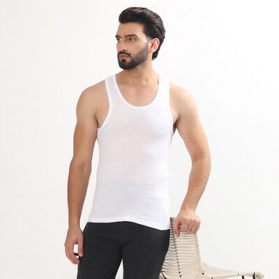 Men's White 100% Cotton Round Neck Sleeveless Vest