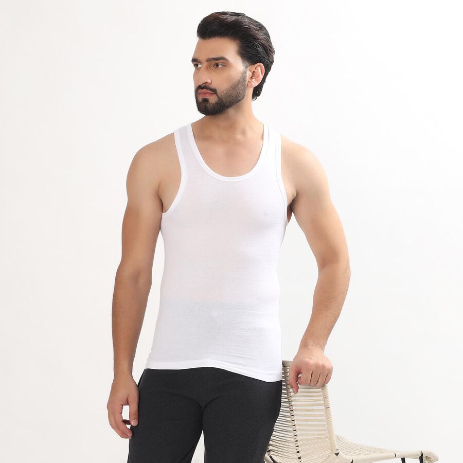 Men's White 100% Cotton Round Neck Sleeveless Vest, सफ़ेद, large
