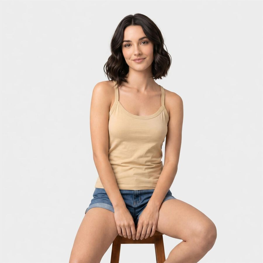 Women's Beige Cotton Scoop Neck Camisole Slip, Beige, large