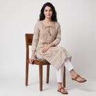 Women's Beige Round Neck Printed Kurta, Beige, small