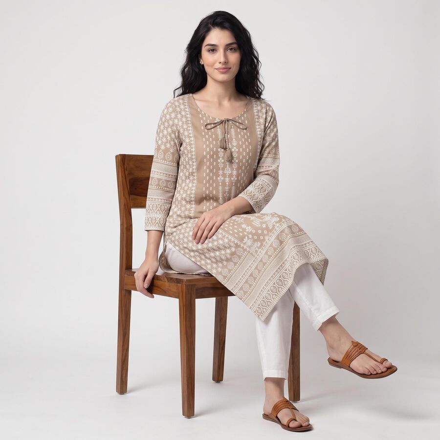 Women's Beige Round Neck Printed Kurta, Beige, large