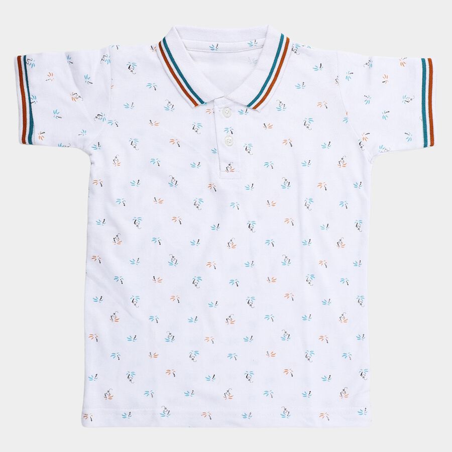 Boys' White Cotton Polo Collar Printed T-Shirt, सफ़ेद, large