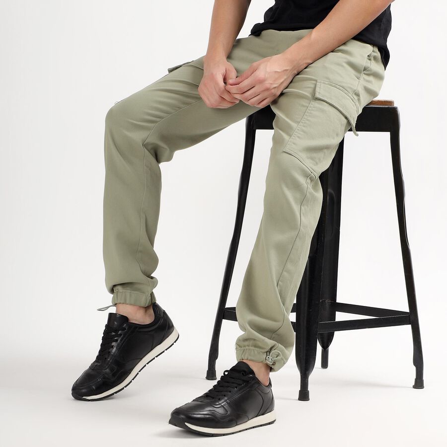 Men's Muted Olive Green Slim Fit Cargo Trousers, Light Green, large image number null
