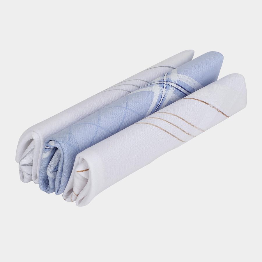 Men's Mid Blue Checked and Striped Pack of 3 Handkerchief, मध्यम नीला, large