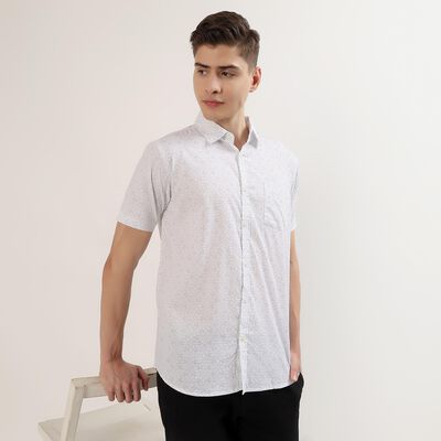 Men's Off-White 100% Cotton Half Sleeve Spread Collar Casual Shirt