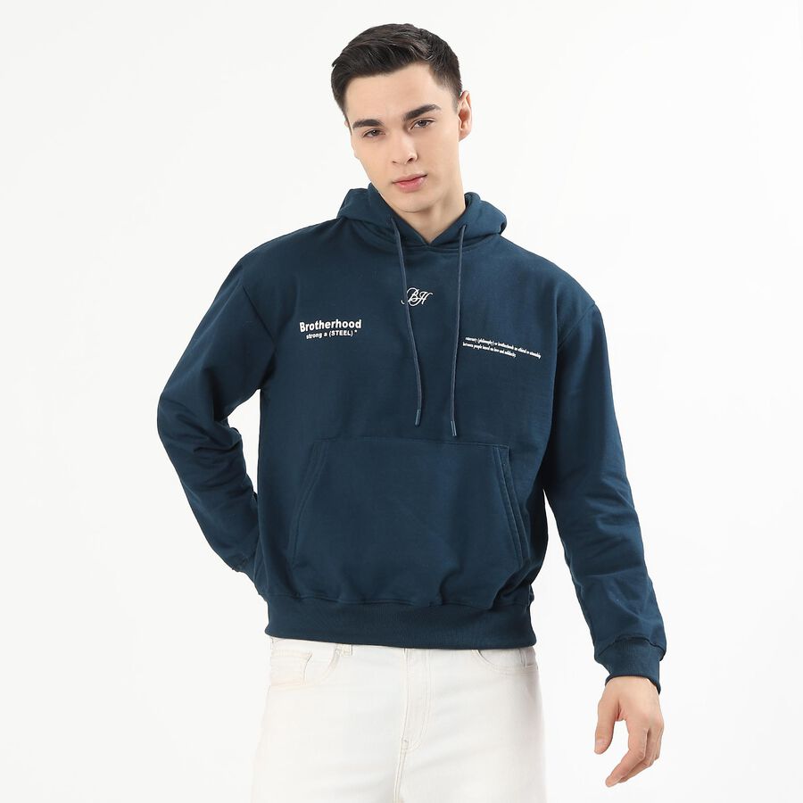 Men's Deep Navy Blue Hooded Neck Streetwear Sweatshirt, टील ब्लू, large image number null