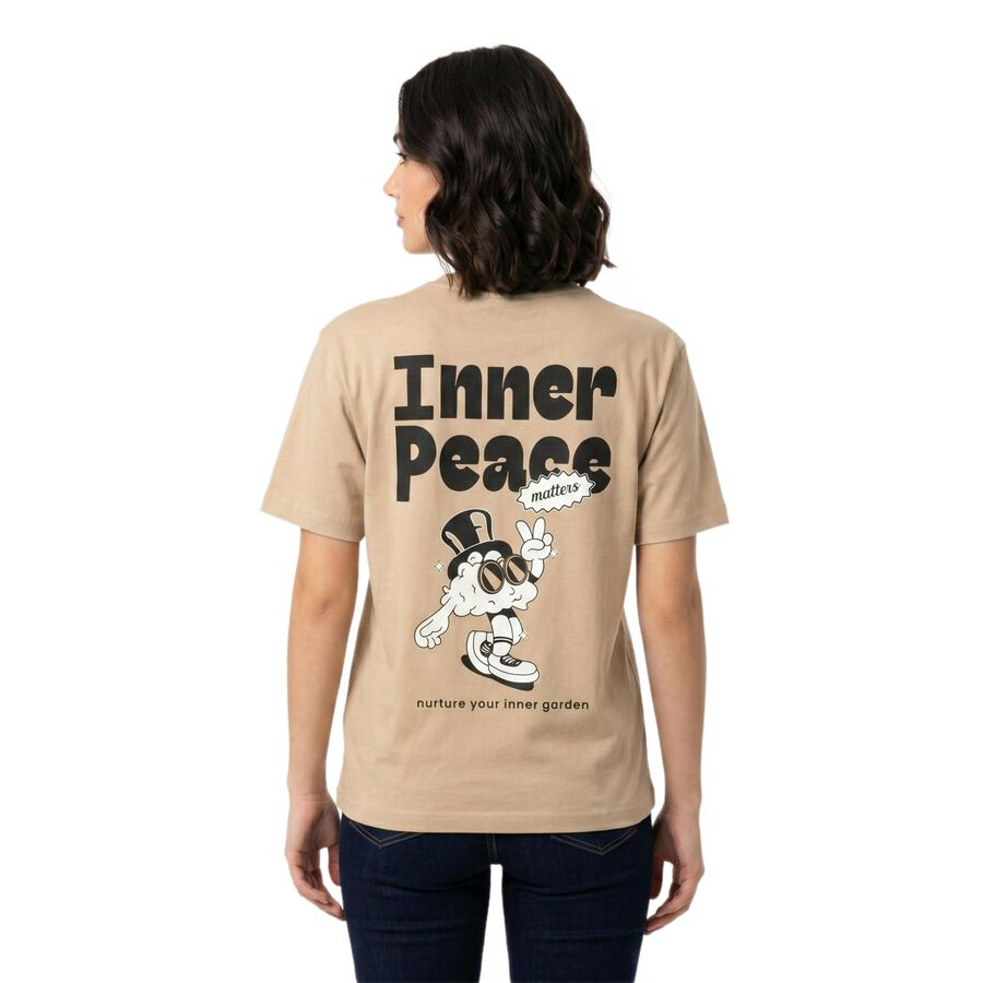 Women's Beige Cotton Round Neck Regular T-Shirt, गहरा पीला, large
