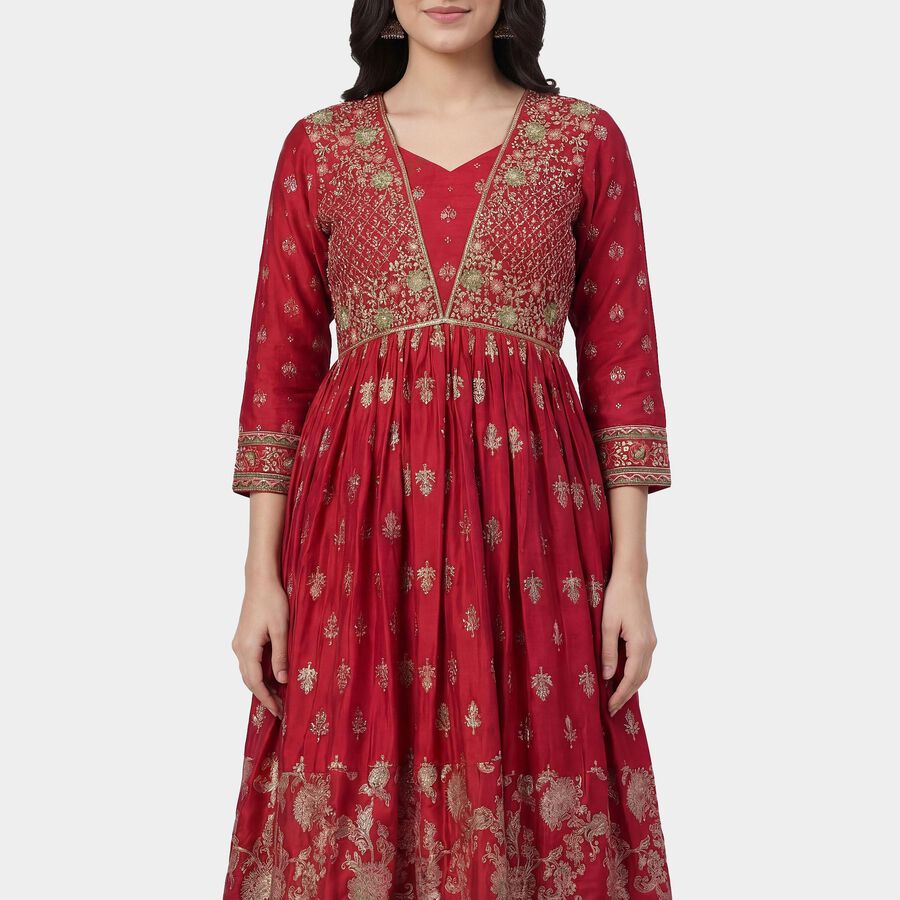 Women's Fuchsia Notch Neck Geometric Printed Kurta, रानी (फ्यूशिया), large