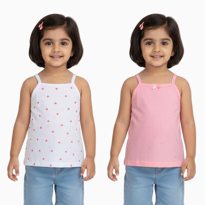 Girls' Pink and White Cotton Square Neck Sleeveless Vest